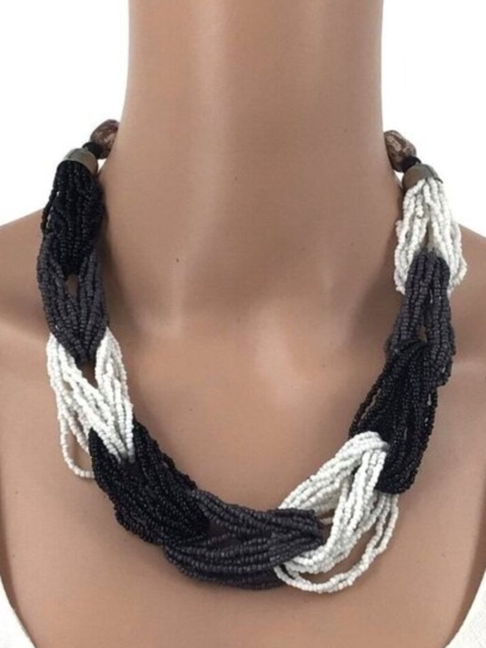 Beaded Necklace Black White Gray Adjustable Length Chunky Style